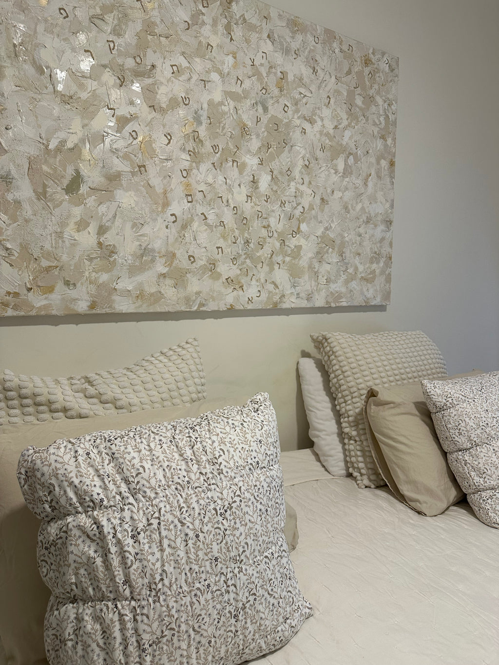 Close-up of Masterpiece — Ivory & Gold revealing hand-painted details, rich color layers and movement on canvas