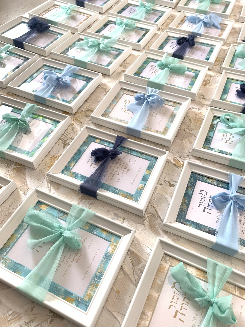 Detail of Bar Mitsva Gift — Green & Blue with Hebrew text on hand-painted abstract background, Jewish Bar Mitzvah gift