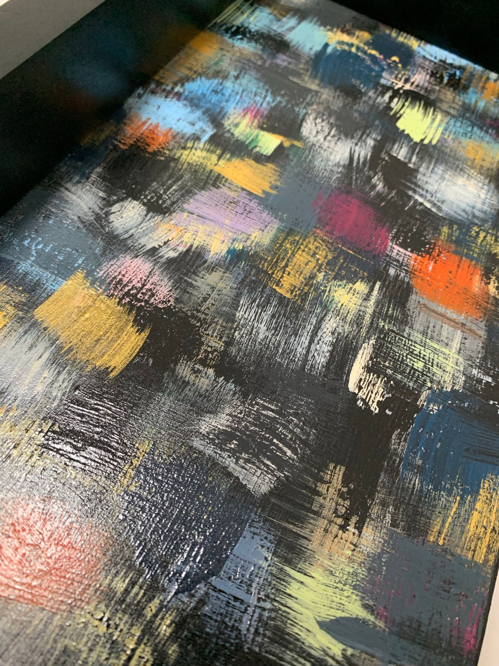 Detail of multicolor acrylic background texture for Birkat HaBayit personalized home blessing, hand-painted abstract art